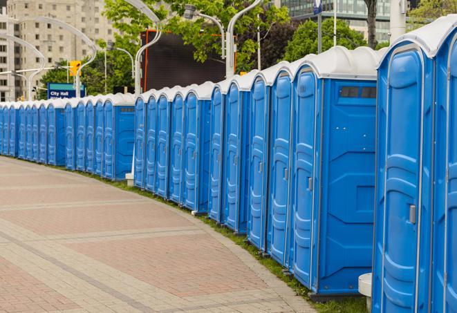 a row of portable restrooms at a trade show, catering to visitors with a professional and comfortable experience in Bridgeview, IL